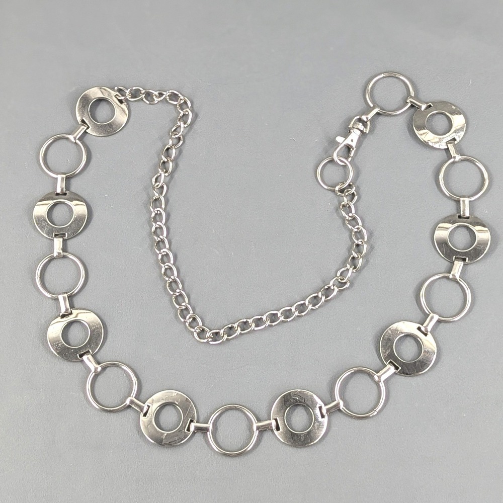 Silver Tone Geometric Chain Belt Adjustable Open Circle Link 44 Inch